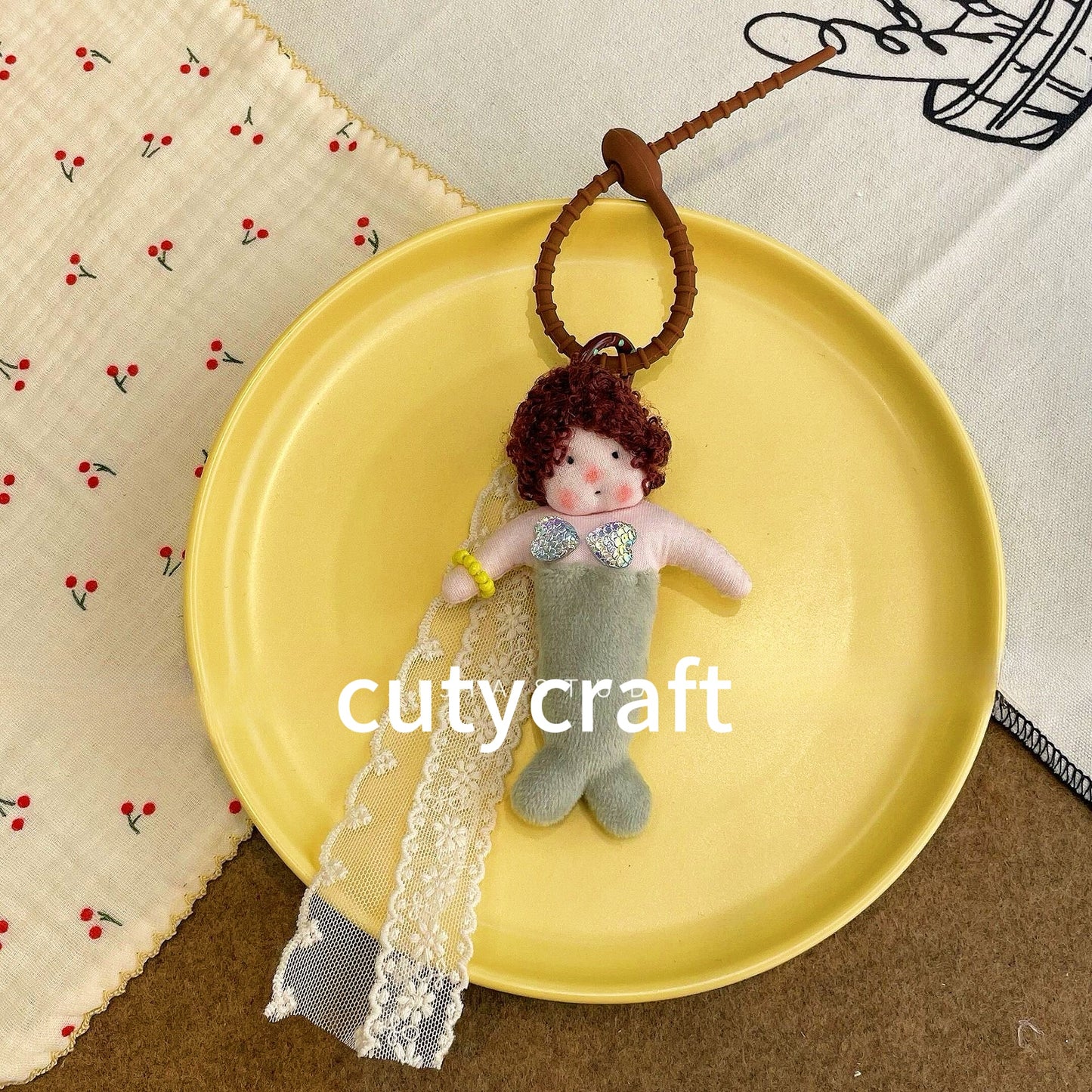 Curly Mermaid Buddy — Handmade Doll Keychain