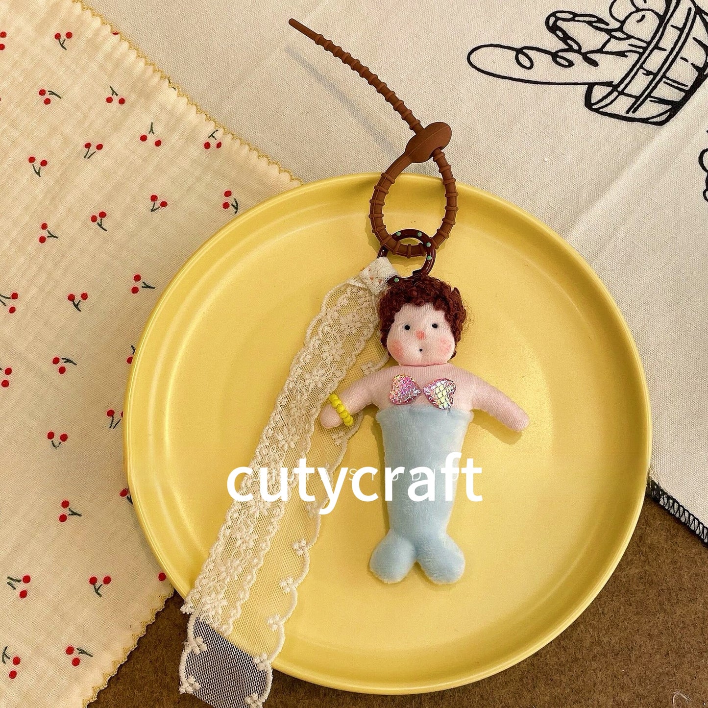 Curly Mermaid Buddy — Handmade Doll Keychain