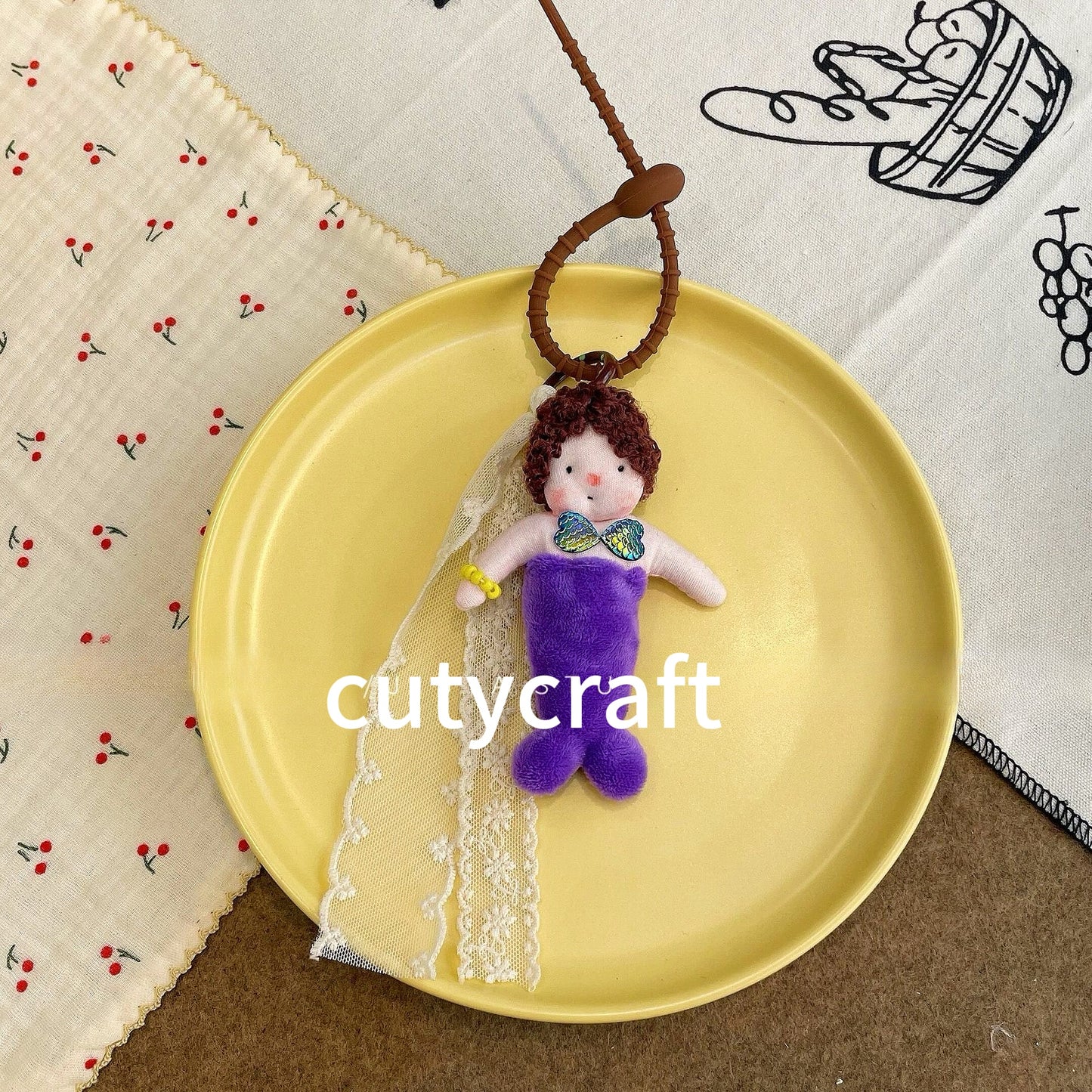 Curly Mermaid Buddy — Handmade Doll Keychain